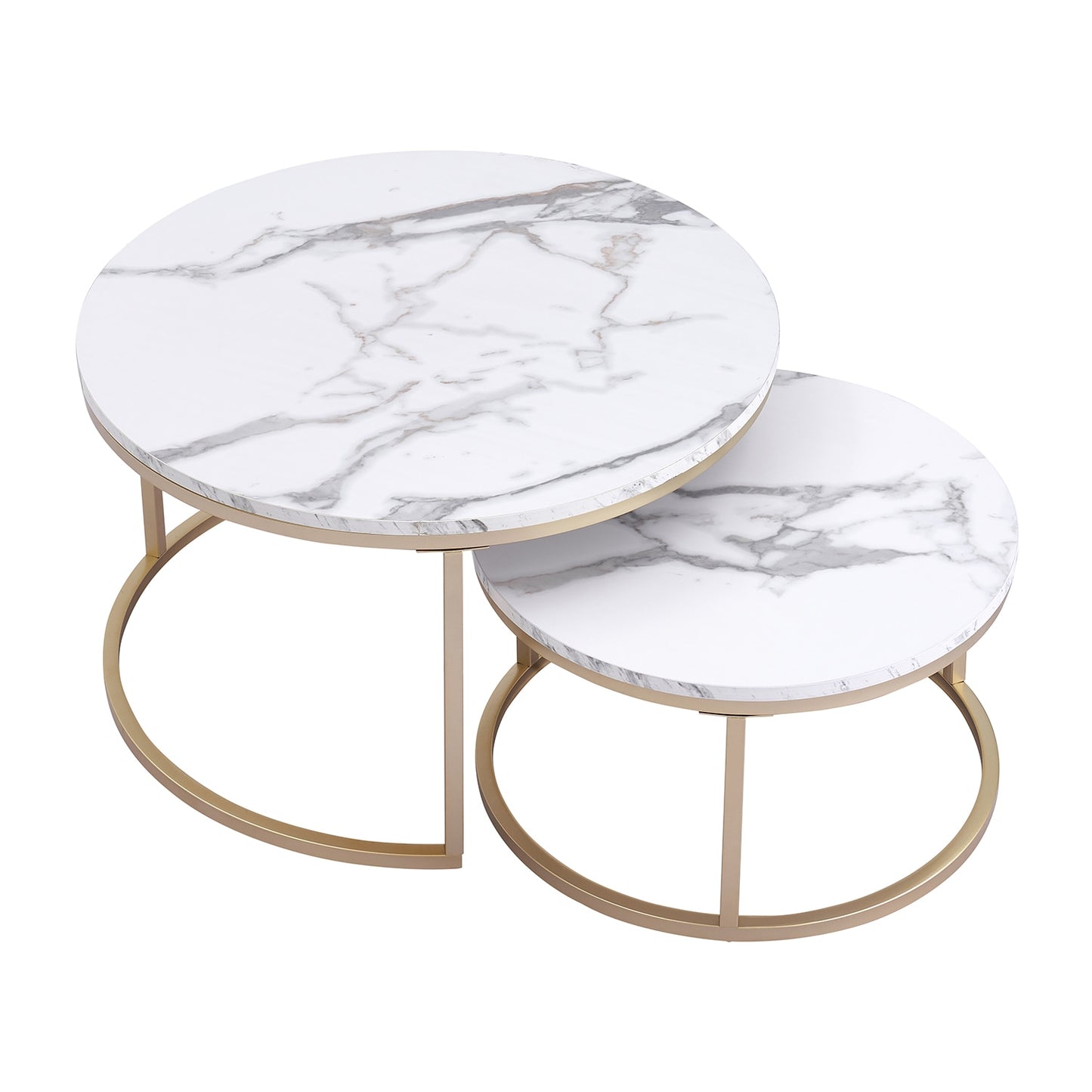 2 stuks Marmeren Textuur Salontafel - 2 in 1 Combinatie Meubels - Goud - Wit