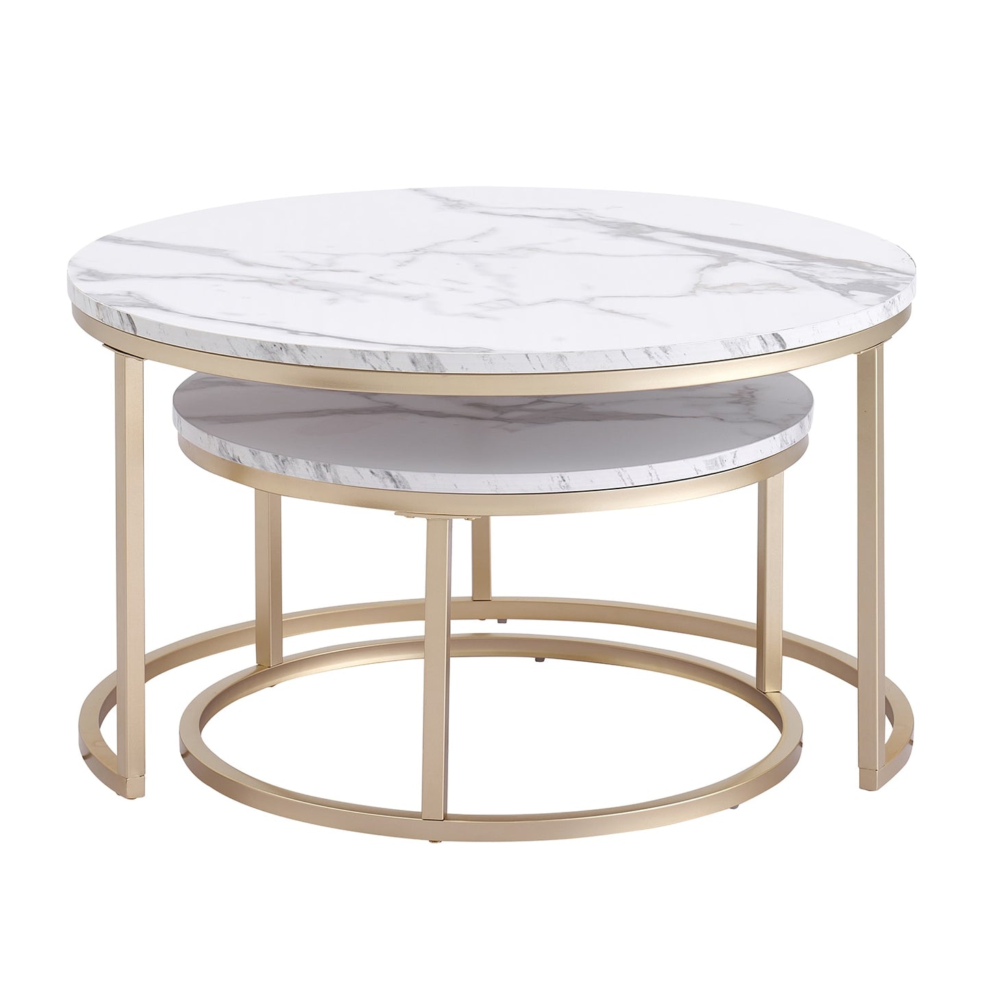 2 stuks Marmeren Textuur Salontafel - 2 in 1 Combinatie Meubels - Goud - Wit