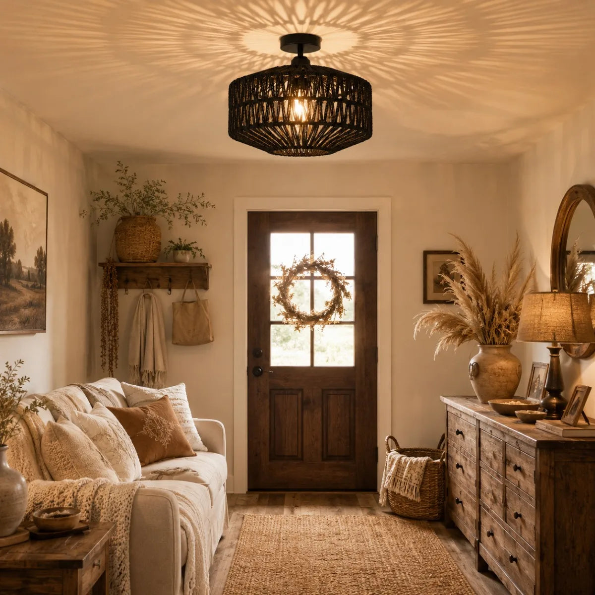 Rotan Plafondlamp 30 cm, Boho E27