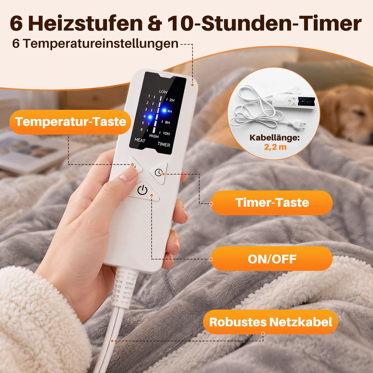 Elektrische warmtedeken met 6 warmtestanden en timer