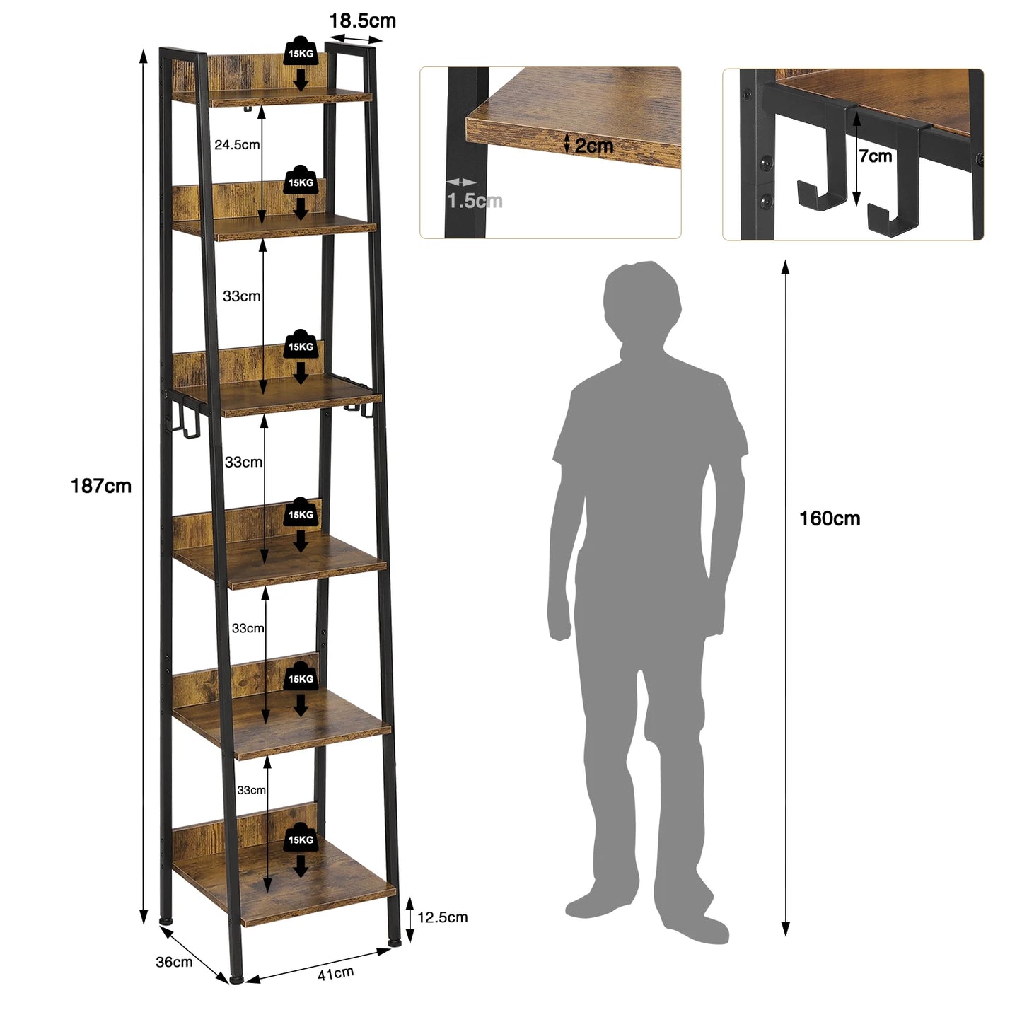 Industriële stijl 6-laags boekenplank met 4 haken