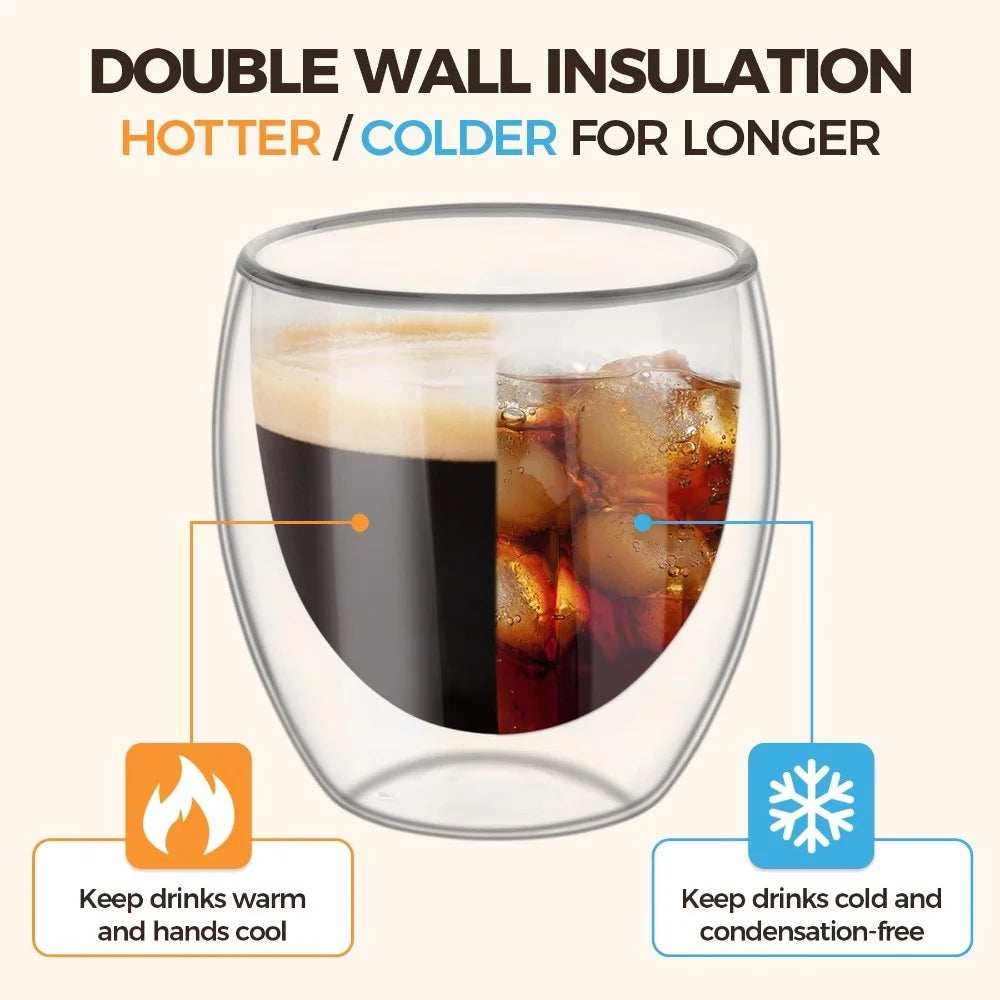 80/150/250/350/450ml Double-Wall Insulated Clear Glass Espresso Cups Perfect for Tea, Coffee, Latte, Cafe, Milk, Restaurant Use
