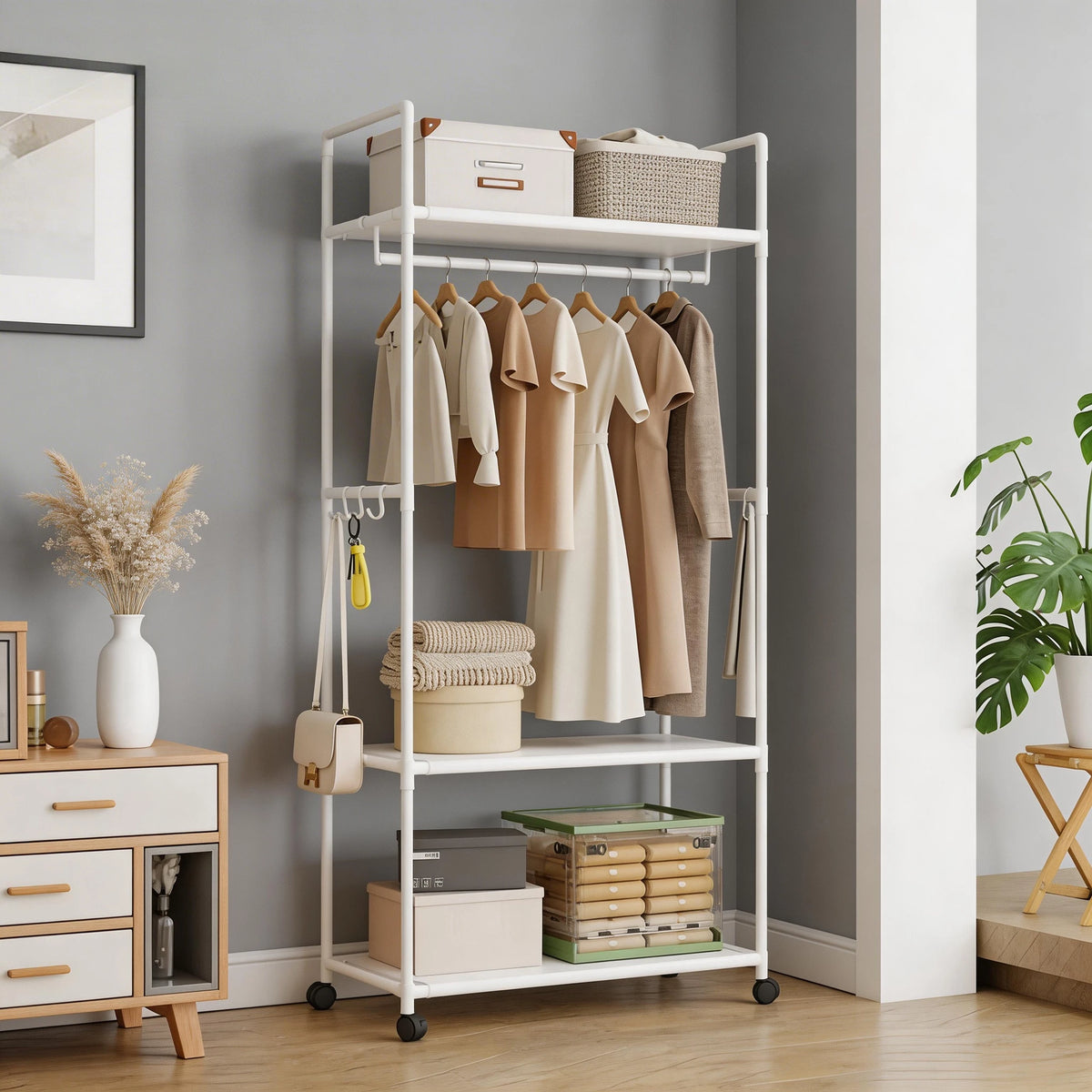 Versatile Garment Stand Hooks Space Efficient Clothes Rack Multi-Tier Storage Unit Living Room Garment Storage Organizer Shelf
