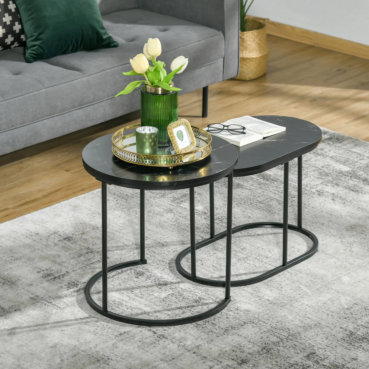 HOMCOM Salontafelset van 2 – Zwart Marmerlook