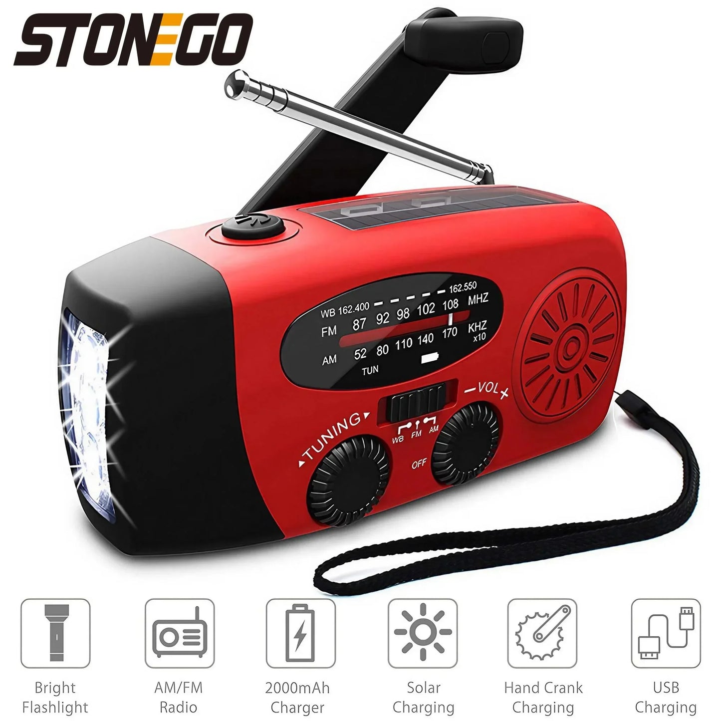 Multifunctionele Noodradio – Handkruik, Zonne-energie, FM/AM/WB, LED Zaklamp & Powerbank