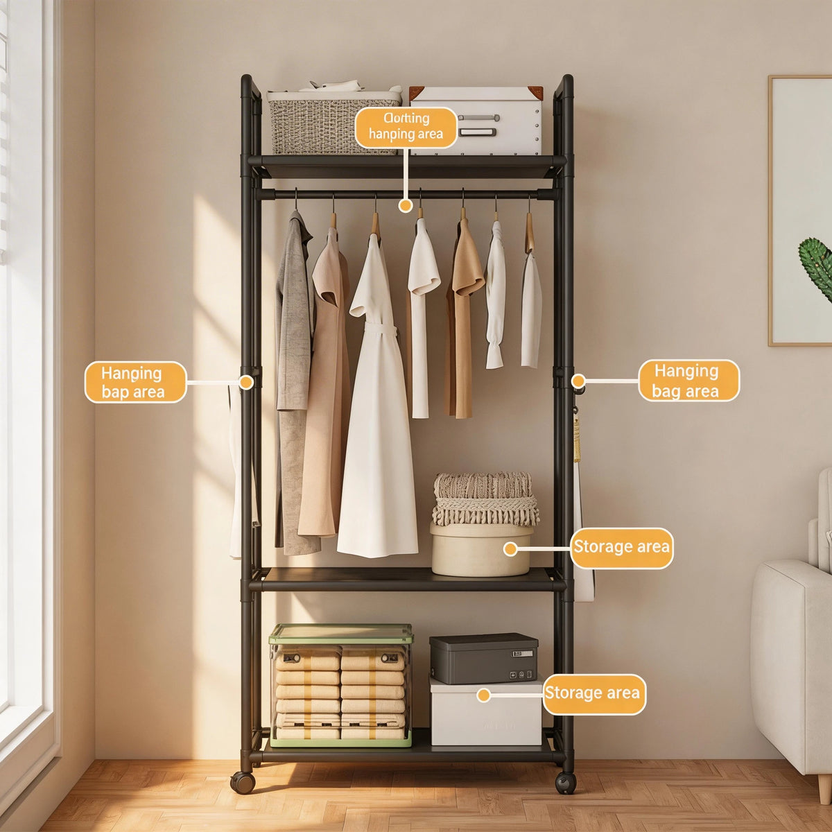 Versatile Garment Stand Hooks Space Efficient Clothes Rack Multi-Tier Storage Unit Living Room Garment Storage Organizer Shelf