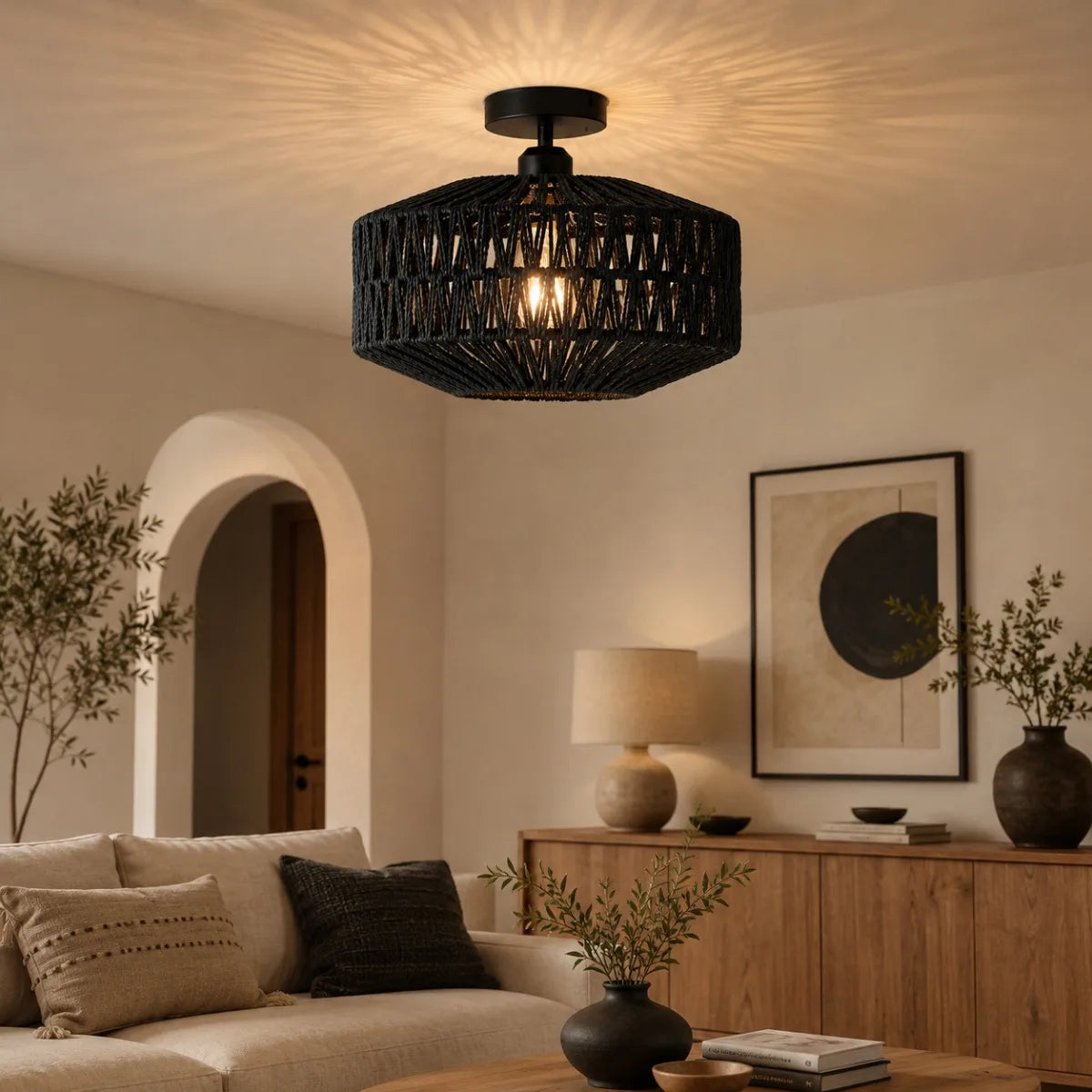 Rotan Plafondlamp 30 cm, Boho E27