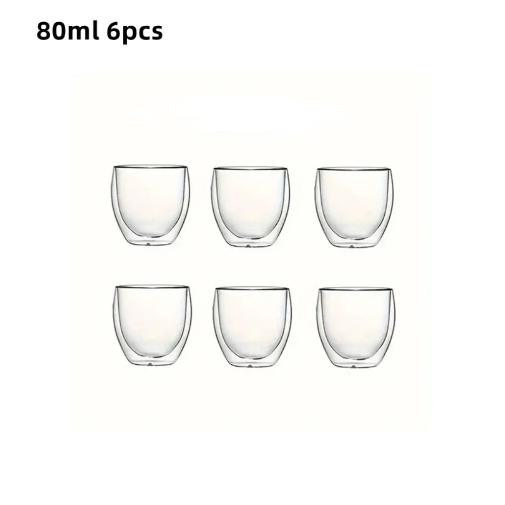 80/150/250/350/450ml Double-Wall Insulated Clear Glass Espresso Cups Perfect for Tea, Coffee, Latte, Cafe, Milk, Restaurant Use