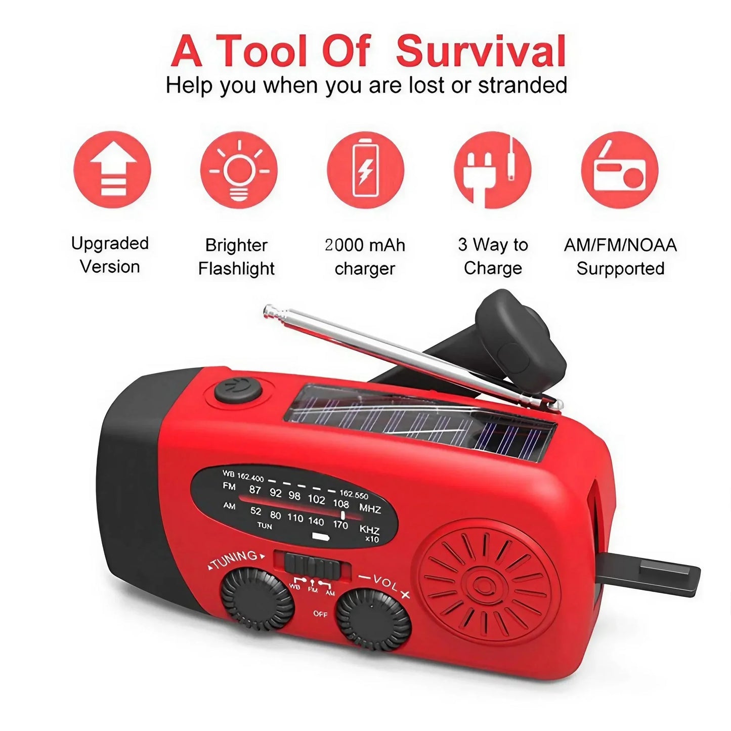 Multifunctionele Noodradio – Handkruik, Zonne-energie, FM/AM/WB, LED Zaklamp & Powerbank