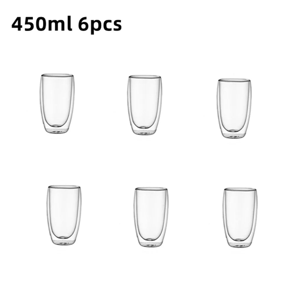 80/150/250/350/450ml Double-Wall Insulated Clear Glass Espresso Cups Perfect for Tea, Coffee, Latte, Cafe, Milk, Restaurant Use