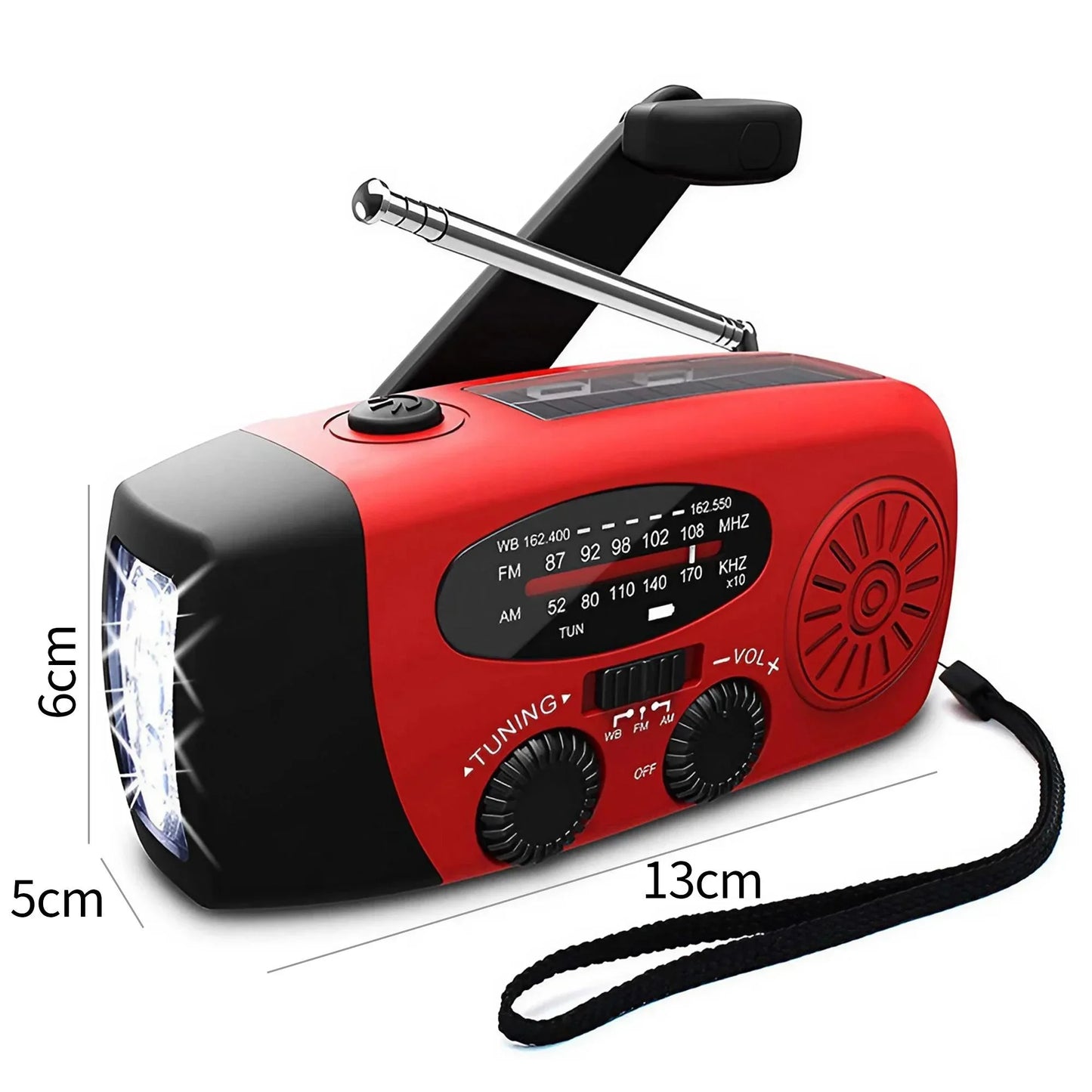 Multifunctionele Noodradio – Handkruik, Zonne-energie, FM/AM/WB, LED Zaklamp & Powerbank