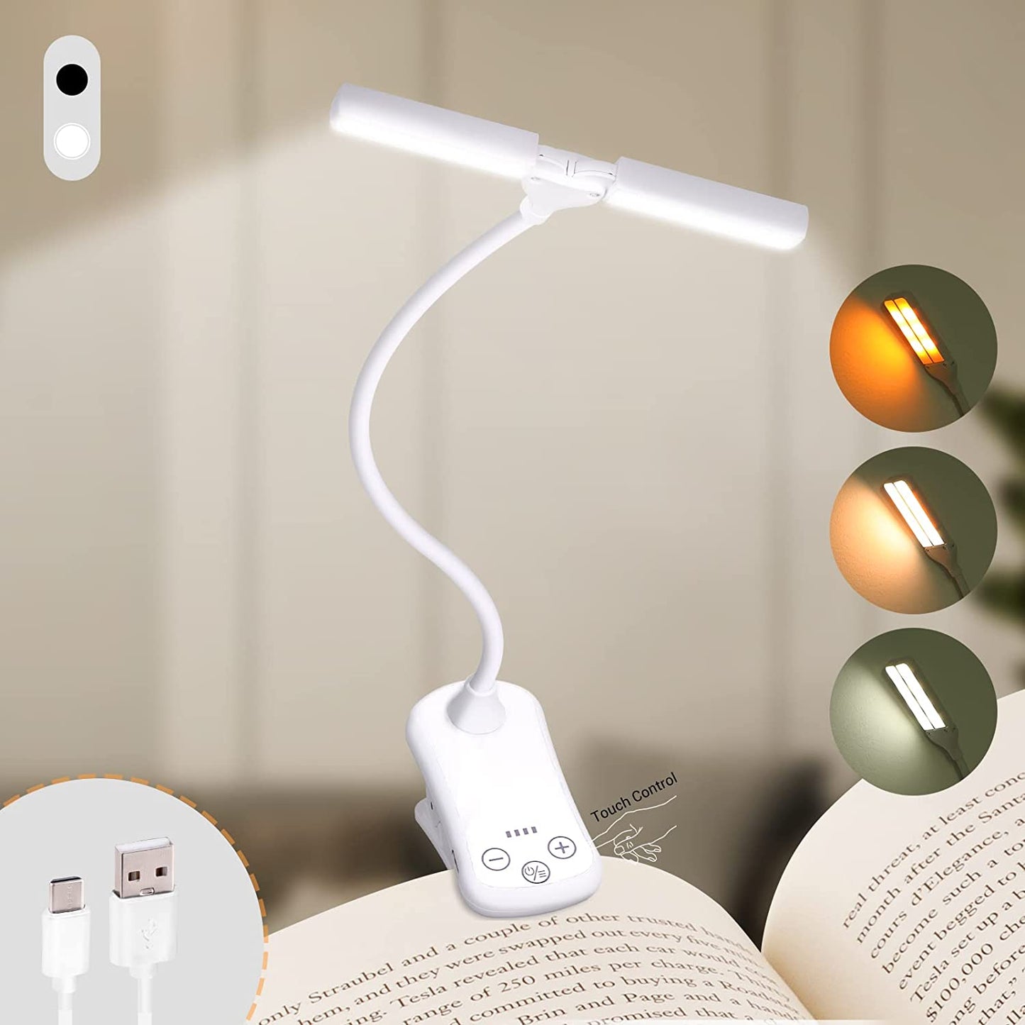 14 LED Clip-on - Boeklicht 3 Kleuren 8 Helderheidsniveaus - USB Oplaadbaar