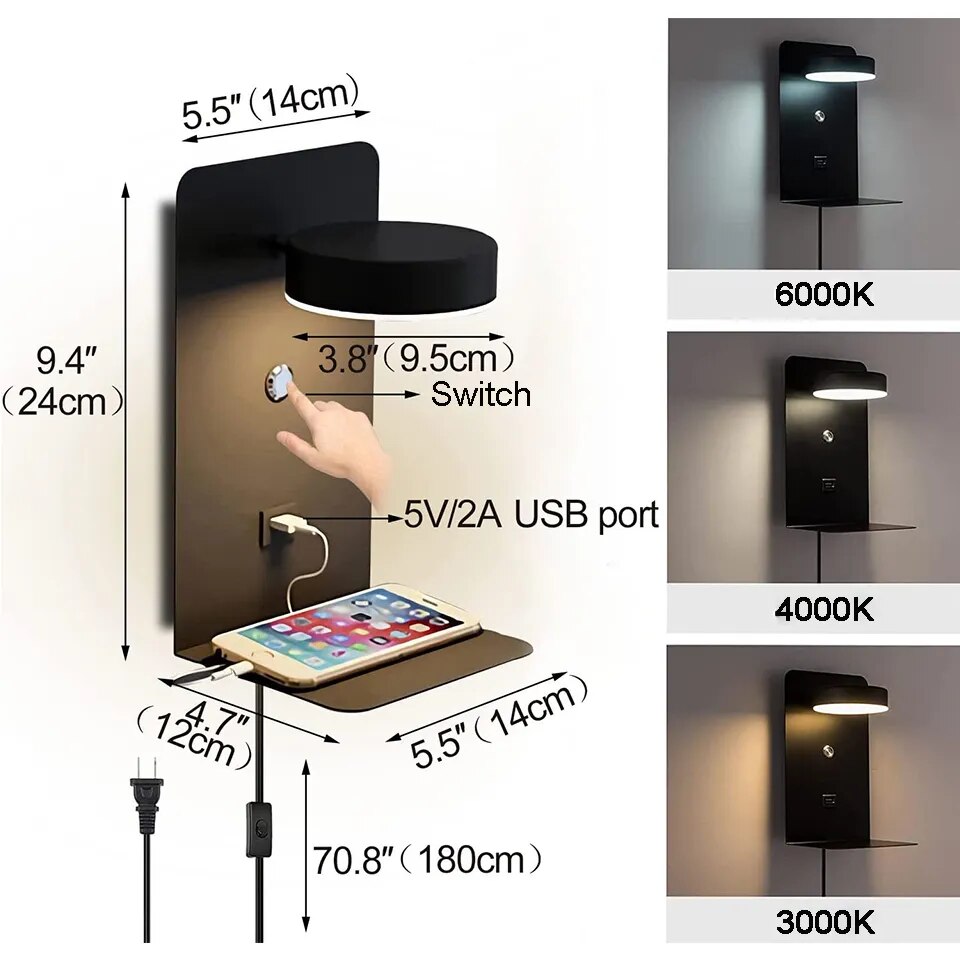 LITU - Moderne LED wandlamp met schakelaar en USB oplaadpoort