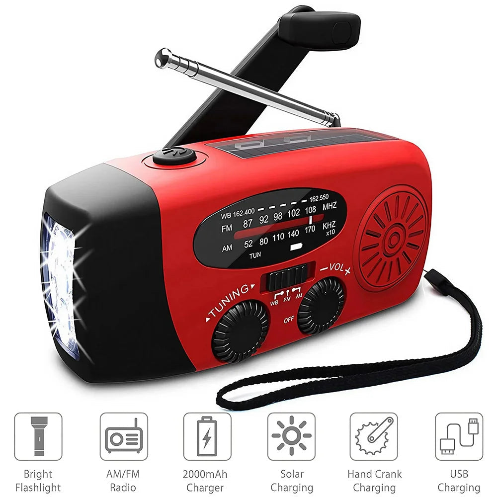 Multifunctionele Noodradio – Handkruik, Zonne-energie, FM/AM/WB, LED Zaklamp & Powerbank