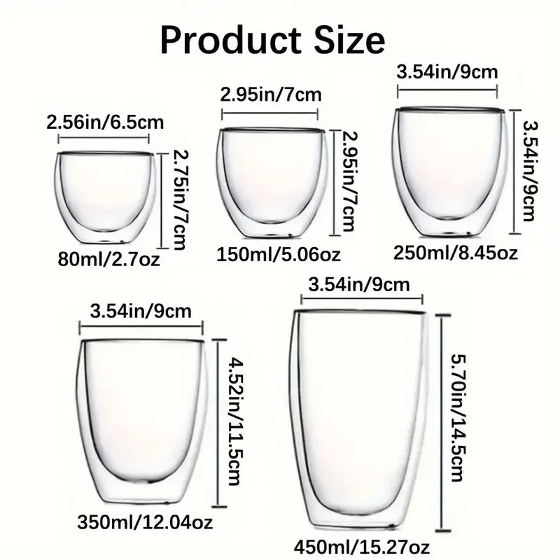 80/150/250/350/450ml Double-Wall Insulated Clear Glass Espresso Cups Perfect for Tea, Coffee, Latte, Cafe, Milk, Restaurant Use