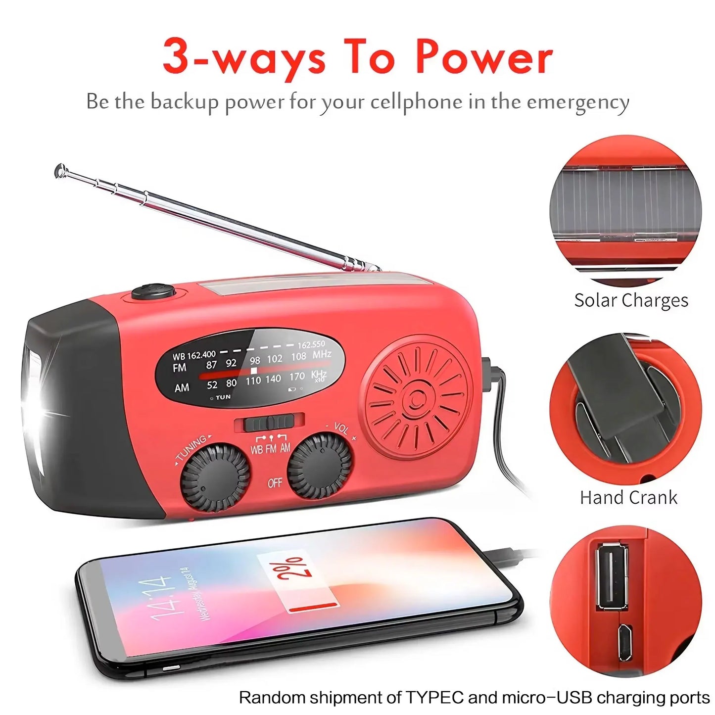 Multifunctionele Noodradio – Handkruik, Zonne-energie, FM/AM/WB, LED Zaklamp & Powerbank