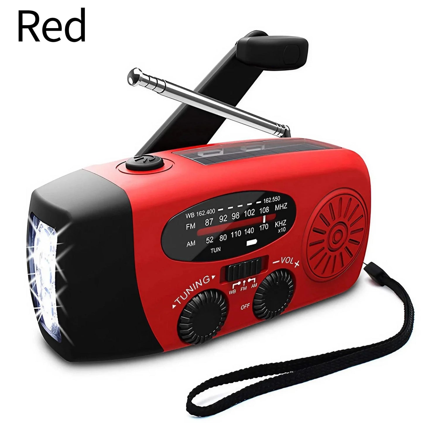 Multifunctionele Noodradio – Handkruik, Zonne-energie, FM/AM/WB, LED Zaklamp & Powerbank