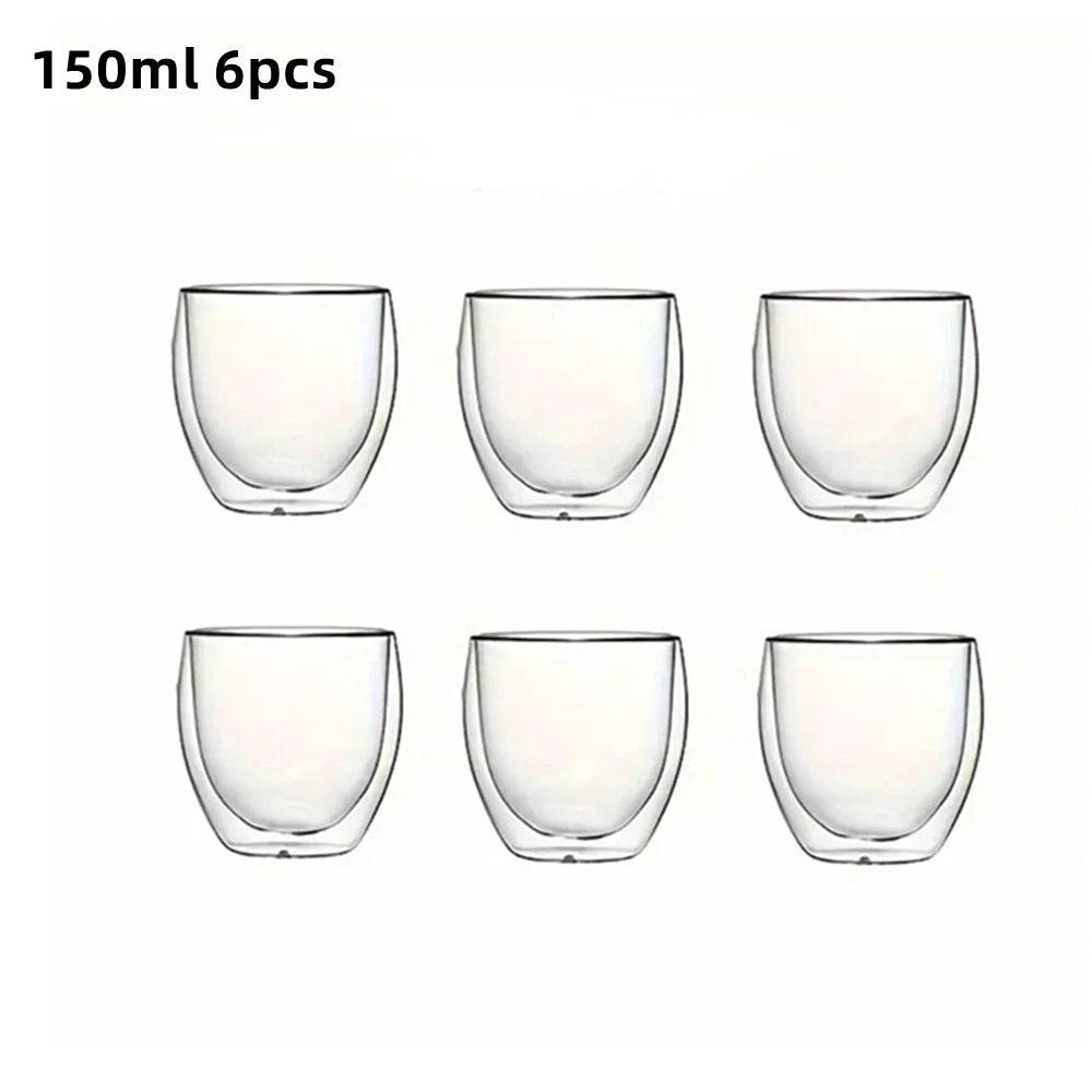 80/150/250/350/450ml Double-Wall Insulated Clear Glass Espresso Cups Perfect for Tea, Coffee, Latte, Cafe, Milk, Restaurant Use