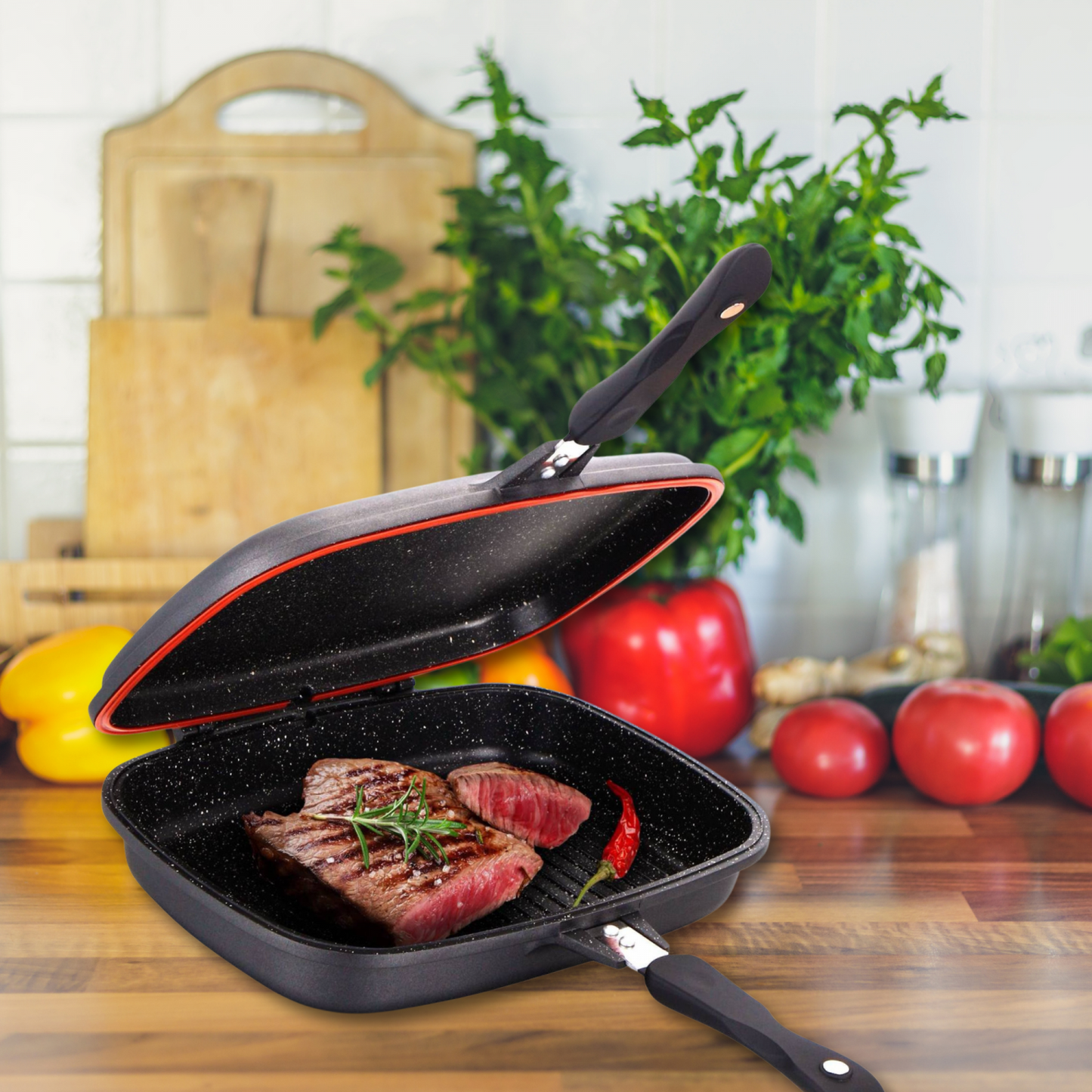 Ctikiger CF-DG32: Omkeerbare dubbele grillpan met marmercoating - 32 cm zwart