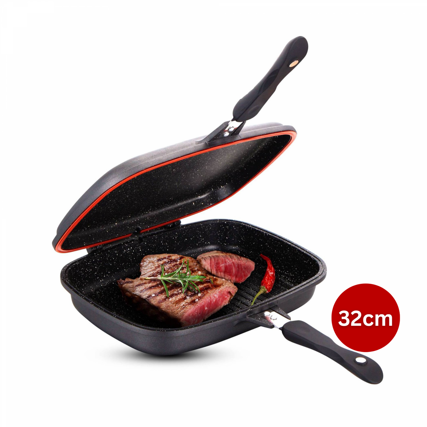 Ctikiger CF-DG32: Omkeerbare dubbele grillpan met marmercoating - 32 cm zwart