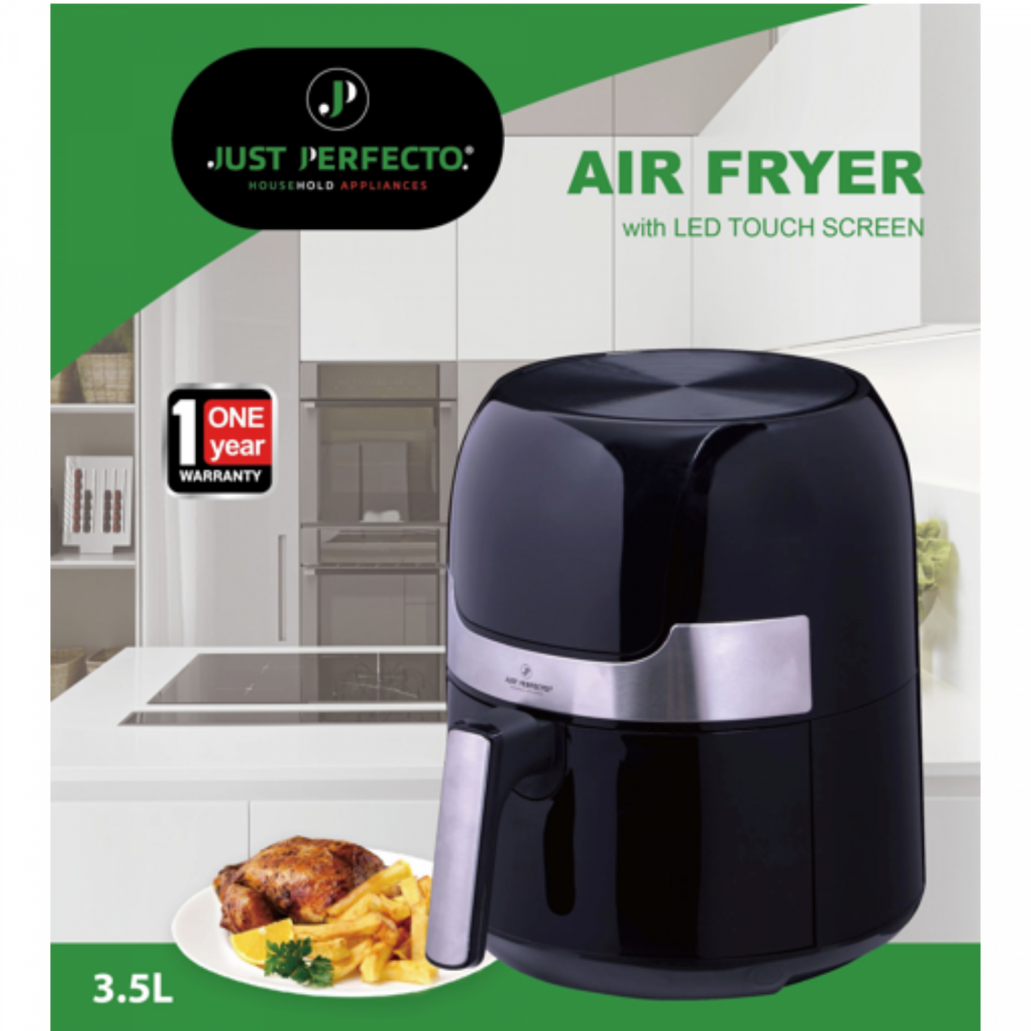 Just Perfecto JL-22: 1400W Airfryer LED Touchscreen Heteluchtfriteuse Met Grillplaat - 3.5L