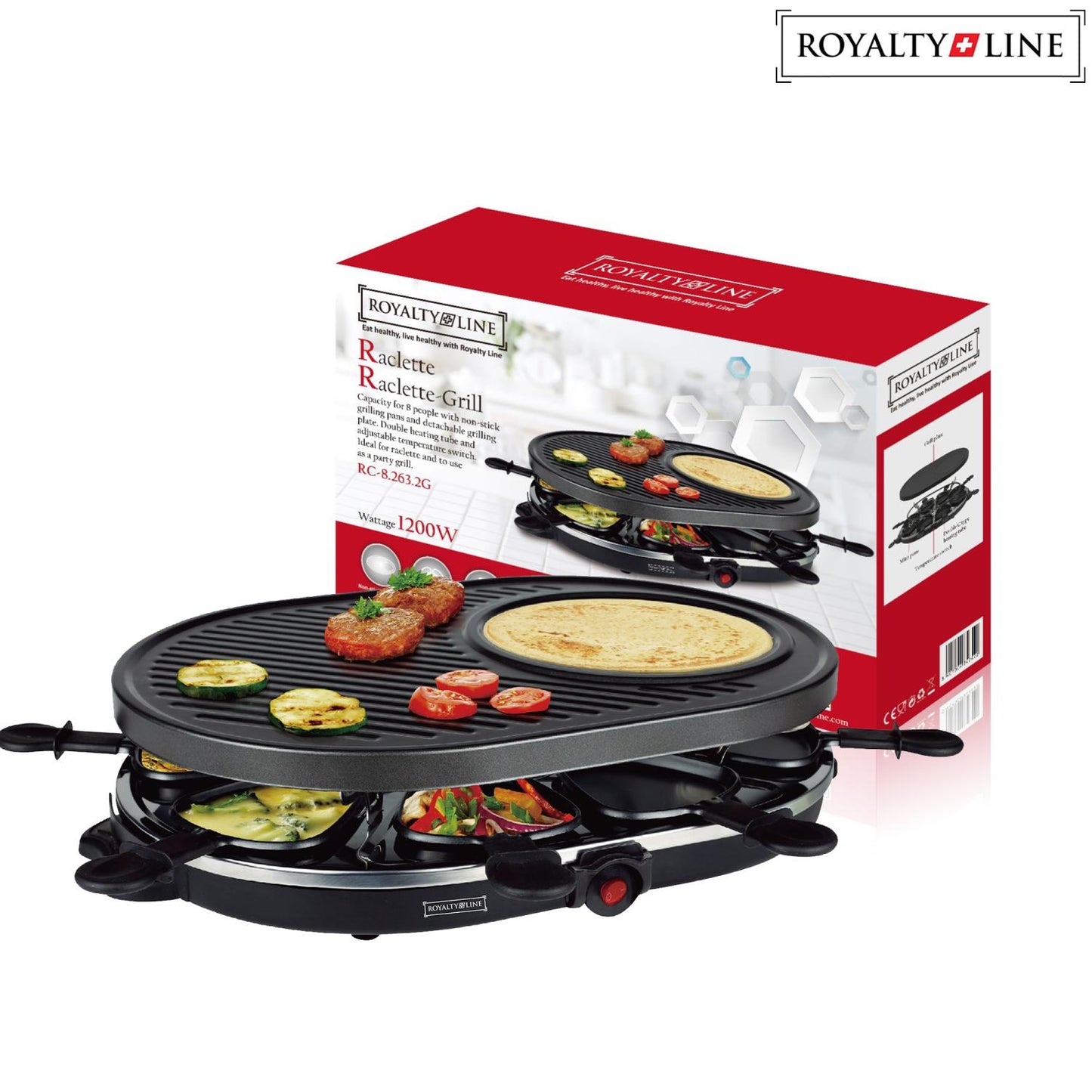 Royalty Line - 2 in 1 Elektrische Grill met 8 Stuks Raclette